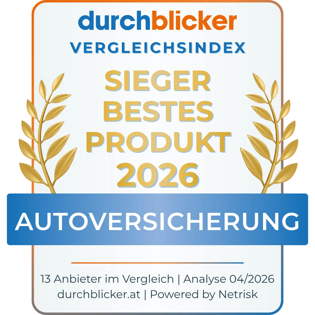 durchblicker Vergleichsindex Siegel: Sieger Bestes Produkt 2026 – Autoversicherung. 13 Anbieter im Vergleich · Analyse 04/2026 · durchblicker.at · Powered by Netrisk.