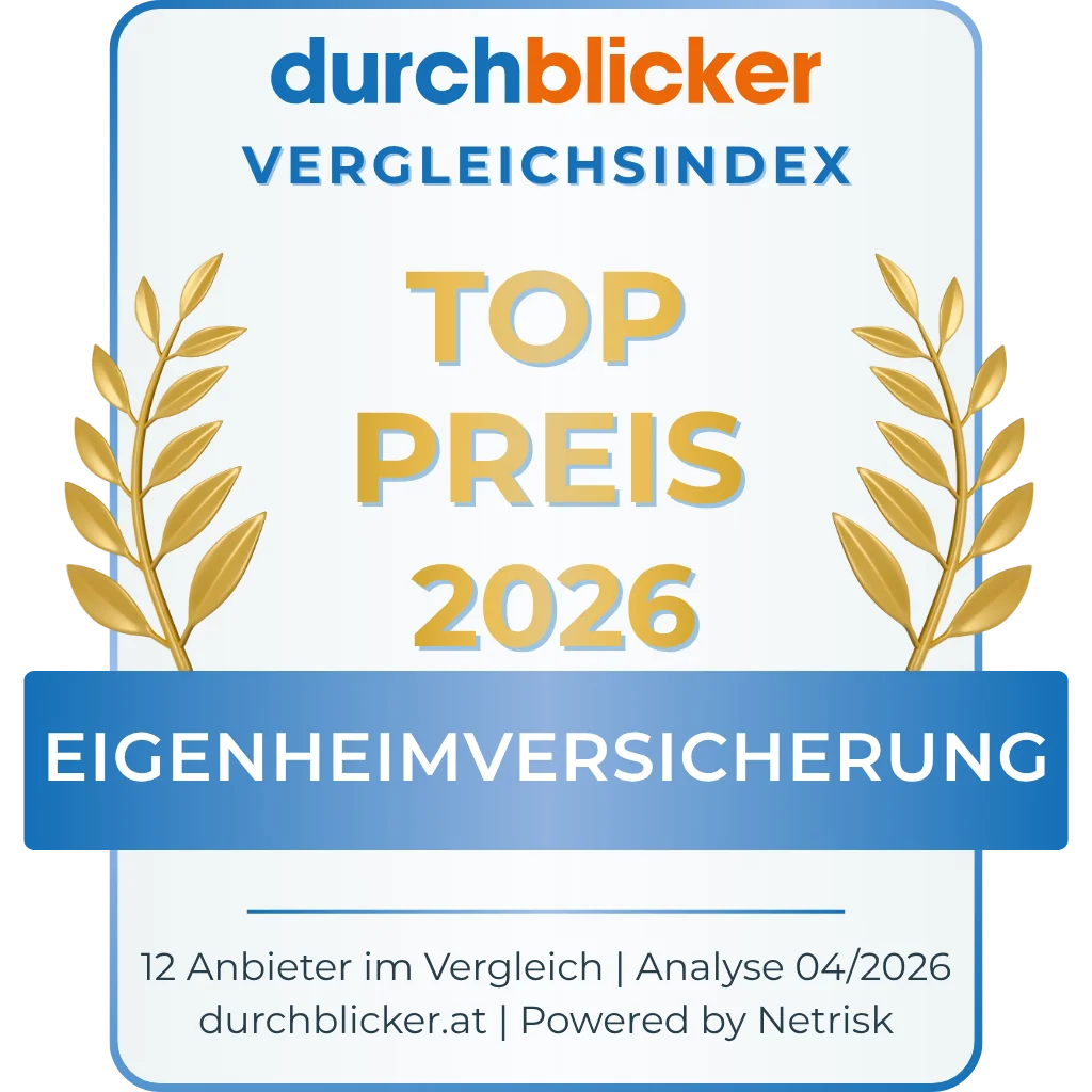 durchblicker Vergleichsindex Siegel: Top Preis 2026 – Eigenheimversicherung. 12 Anbieter im Vergleich · Analyse 04/2026 · durchblicker.at · Powered by Netrisk.