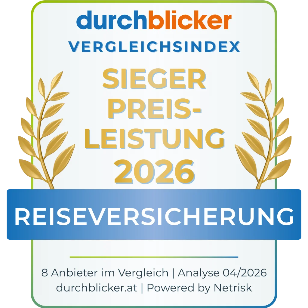 durchblicker Vergleichsindex Siegel: Sieger Preis-Leistung 2026 – Reiseversicherung. 8 Anbieter im Vergleich · Analyse 04/2026 · durchblicker.at · Powered by Netrisk.