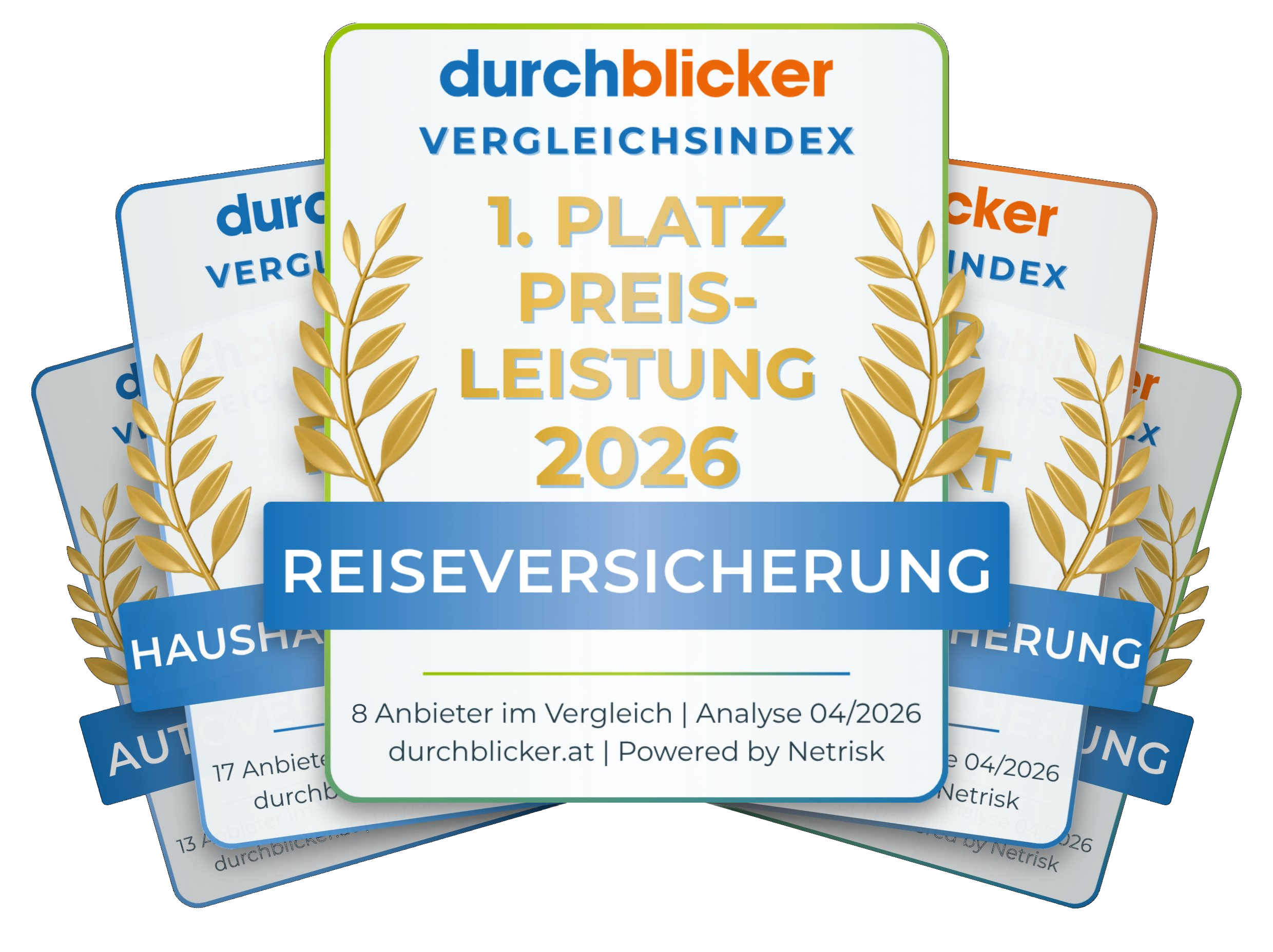 durchblicker Vergleichsindex 2026 – mehrere Award-Siegel gefächert dargestellt mit der Reiseversicherung (1. Platz Preis-Leistung) im Vordergrund.